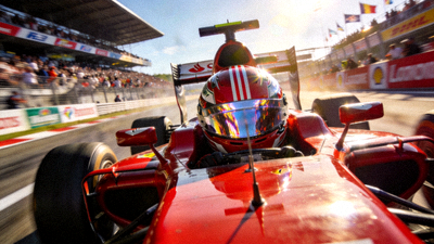 F1赛车在赛道上高速行驶，车手头盔特写